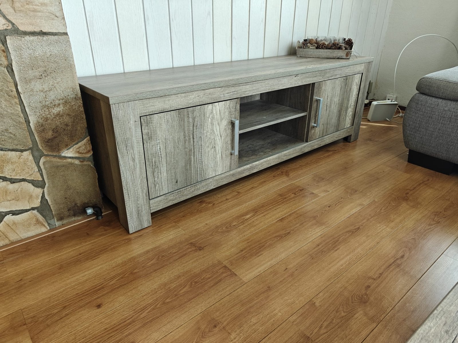 Stijlvolle TV-meubel en salontafel set - Grijs eikenlook, Ophalen, 100 tot 150 cm, Zo goed als nieuw, Minder dan 100 cm