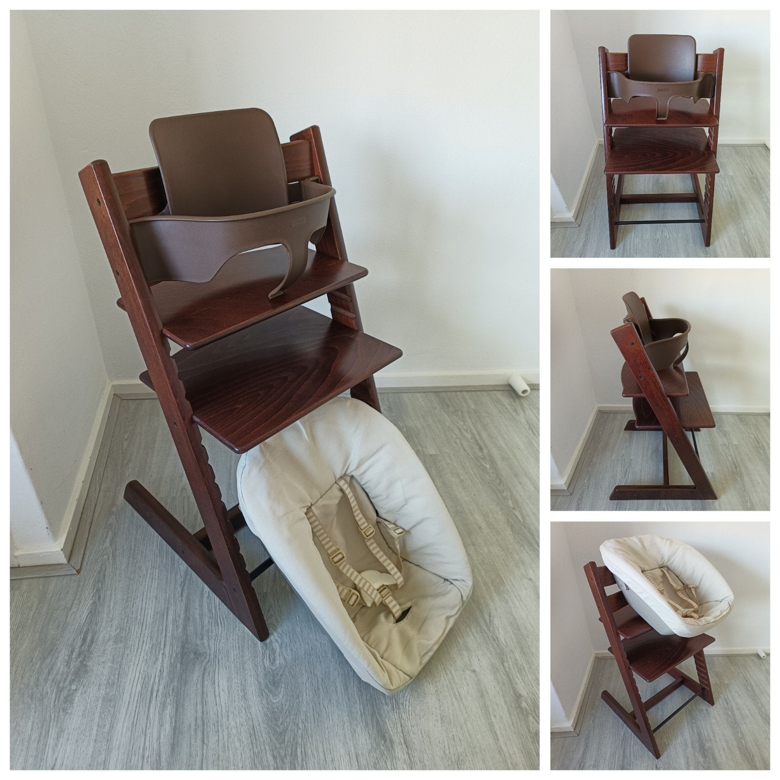 Stokke Tripp Trapp bruin met babyset en newbornset, Meegroeistoel, Ophalen of Verzenden, Zo goed als nieuw, X
