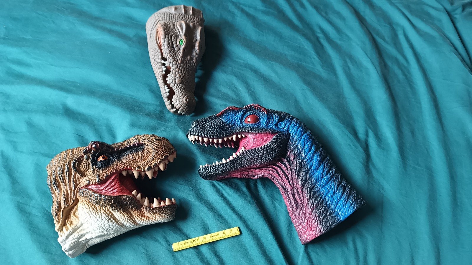 3 Rubberen Reptielenkoppen - Dinosaurus en Krokodil, Ophalen of Verzenden, Gebruikt
