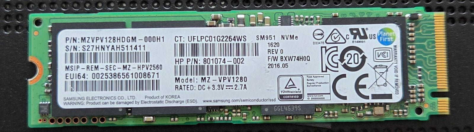 Samsung SM961 M.2 NVMe SSD 128 GB, Computers en Software, Harde schijven, Gebruikt, Server, Intern, SSD, Overige aansluitingen