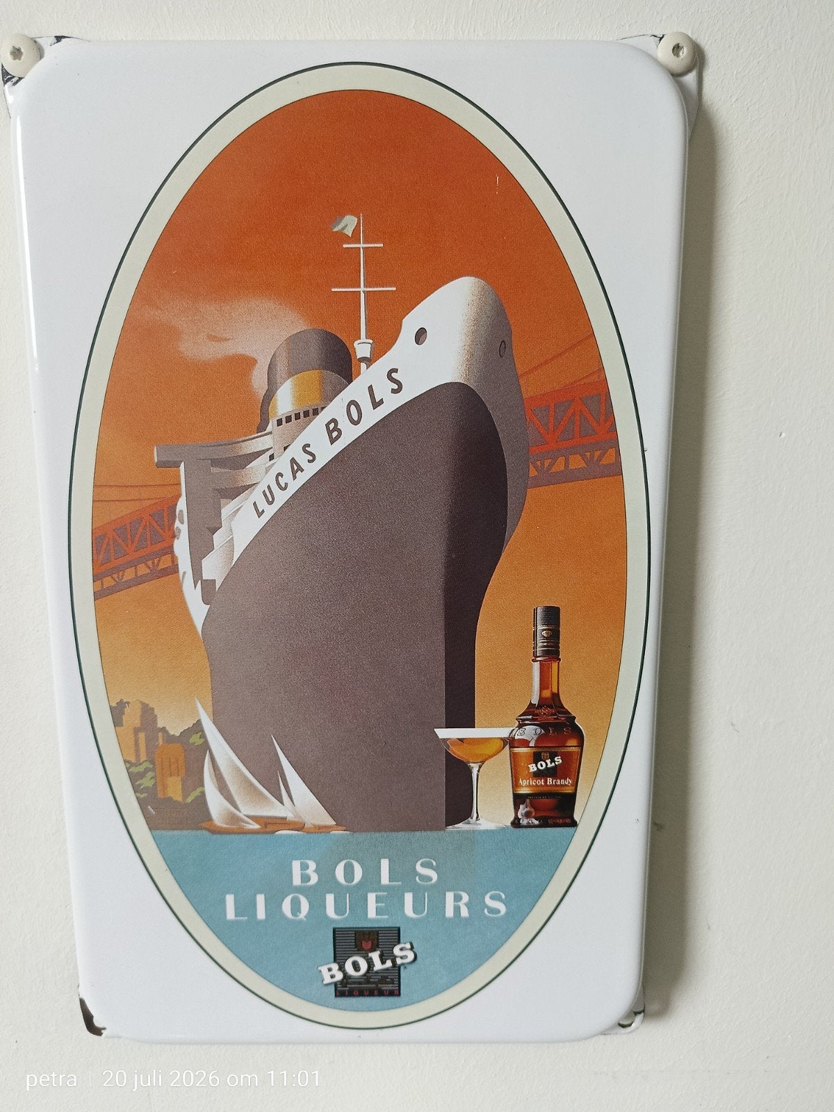 Vintage Bols Emaille Reclamebord - Lucas Bols Liqueurs, Ophalen of Verzenden