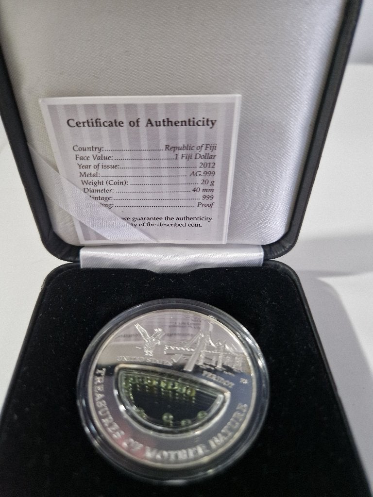 1 Dollar 2012 Fiji - Treasures of USA Peridoot  999 stuks, Postzegels en Munten, Verzenden, Setje, Zilver