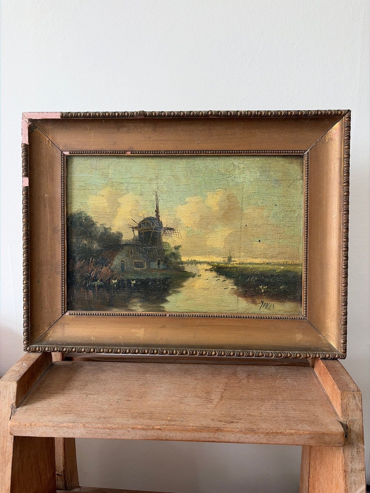 Oud Hollands schilderijtje met molen en waterlandschap, Paneel, Oud hollands, Ophalen of Verzenden, Gesigneerd