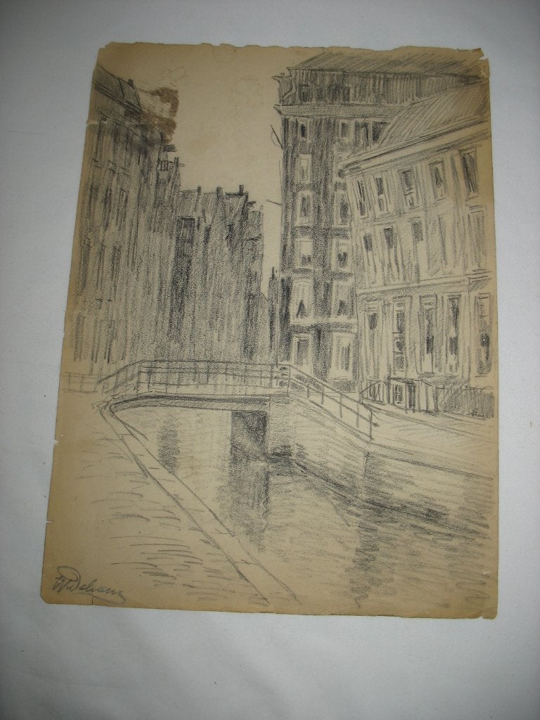 Houtskool Potlood Tekening Oudezijds Kolk Amsterdam Vintage, Ophalen of Verzenden