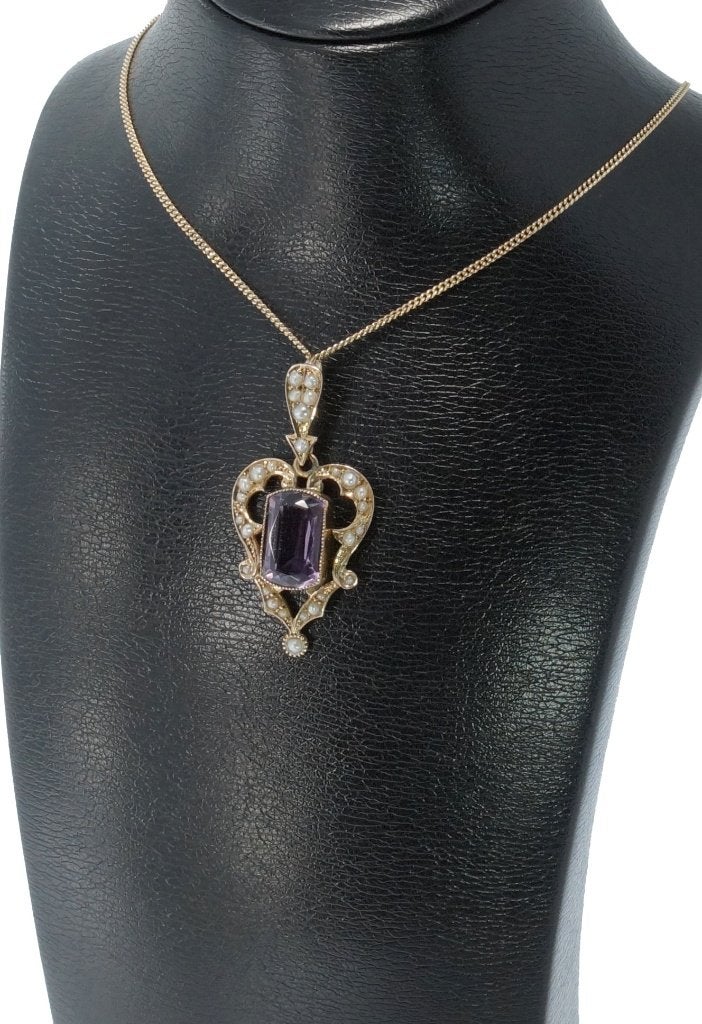 Art Nouveau amethist parel gouden ketting hanger zeer fraai, Ophalen of Verzenden, Goud, Hanger, Met edelsteen
