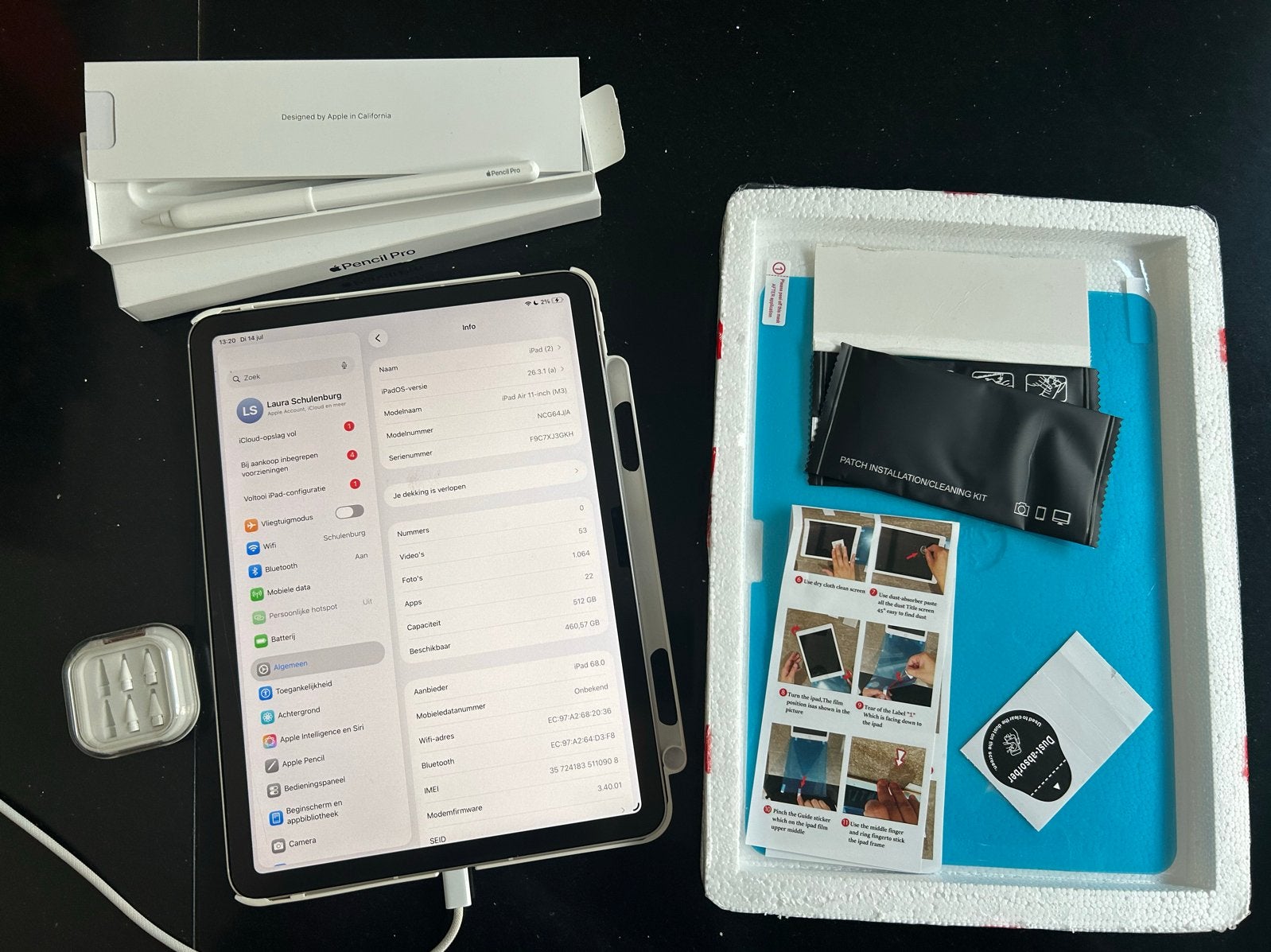 iPad Air M3 (11”) 512GB Starlight + Apple Pencil Pro, Computers en Software, Apple iPads, Zo goed als nieuw, Apple iPad Air, Wi-Fi