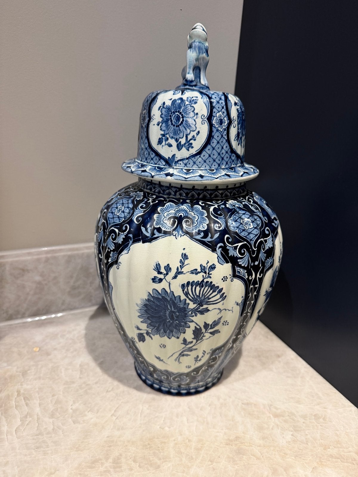 Antieke Delfts Blauwe Gemberpot met Foo Dog Deksel, Antiek en Kunst, Ophalen