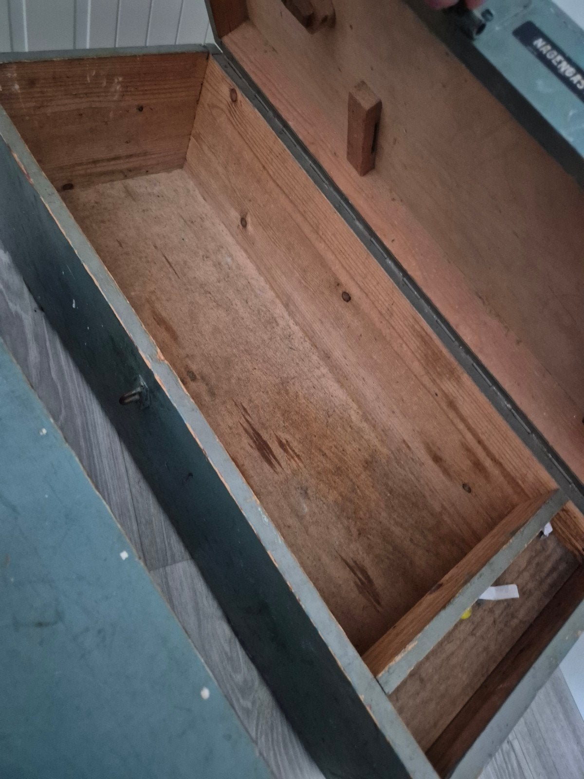 Vintage houten gereedschapskist - groen/grijsblauw, Ophalen