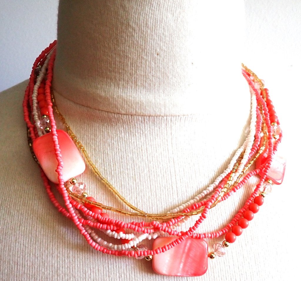Koraalrode ketting met meerdere lagen en kralen, Met kristal, Overige materialen, Verzenden, Nieuw