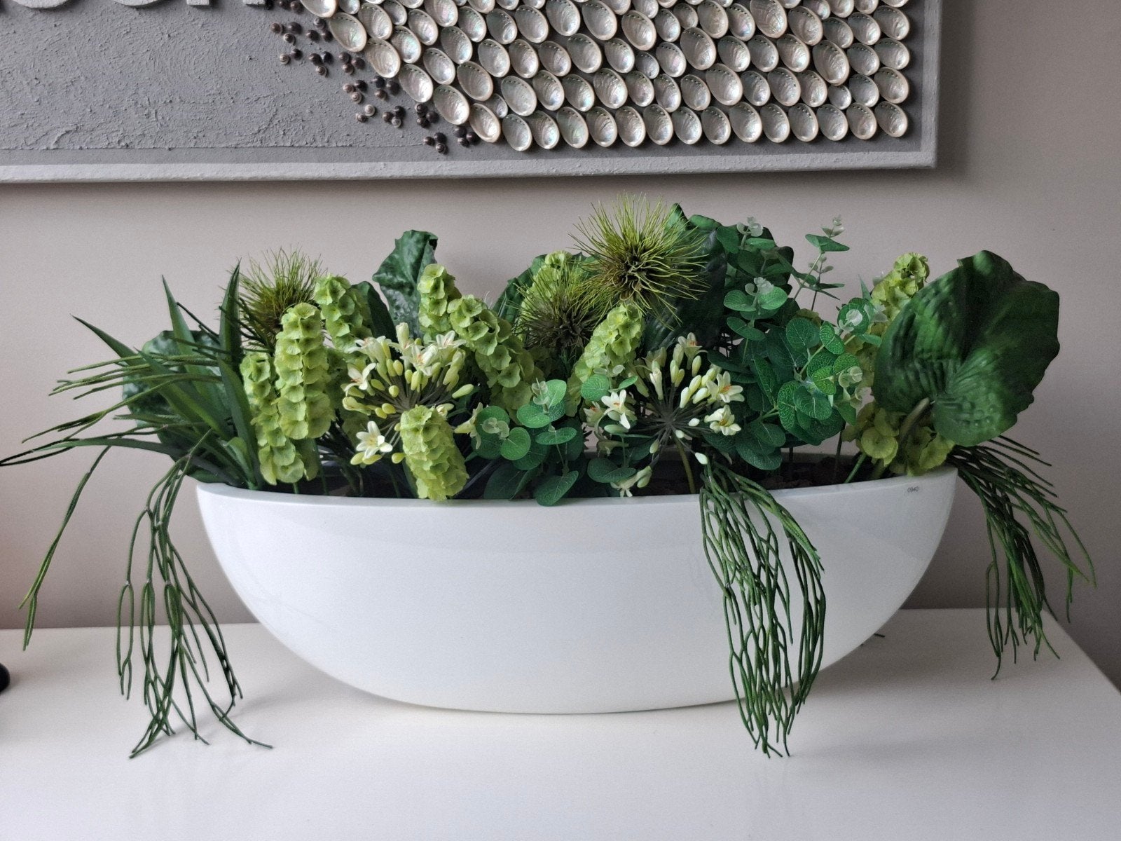 Kunstbloemstuk in witte ovale bloempot, Ophalen, Binnen, Met pot of vaas, Kunststof
