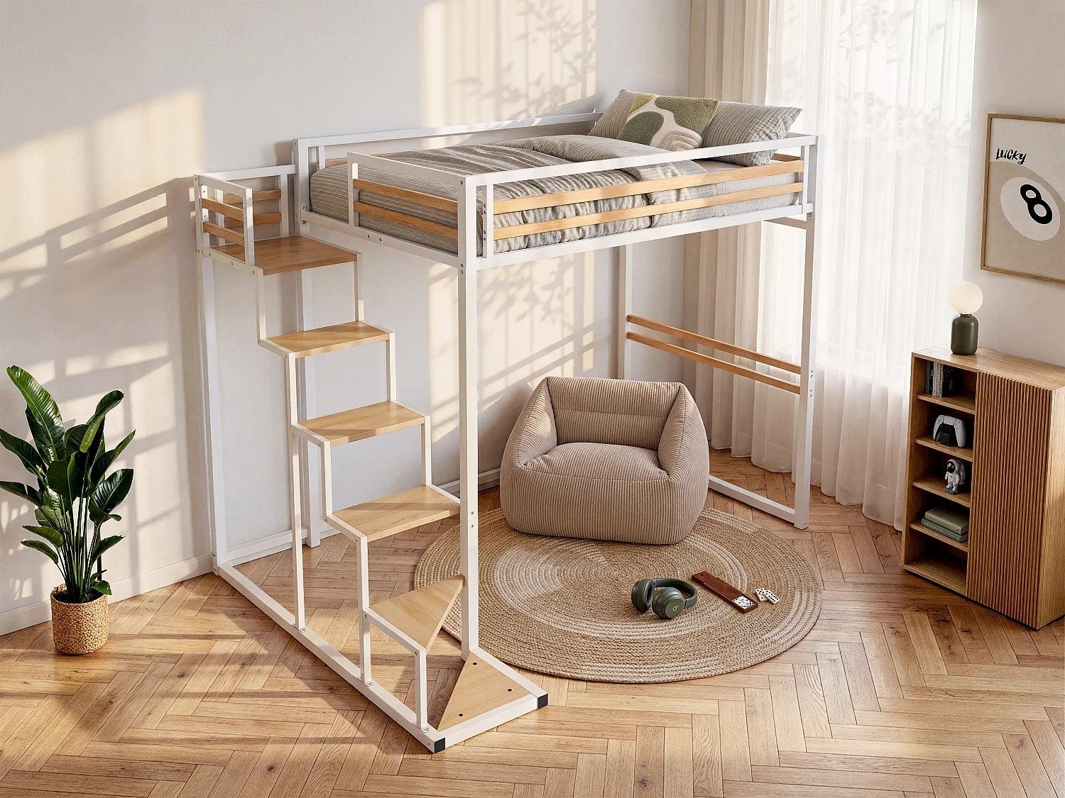 JOGUI Hoogslaper 2-persoonsbed met veilige treden, Ophalen, Hoogslaper, Tweepersoons, 140 cm
