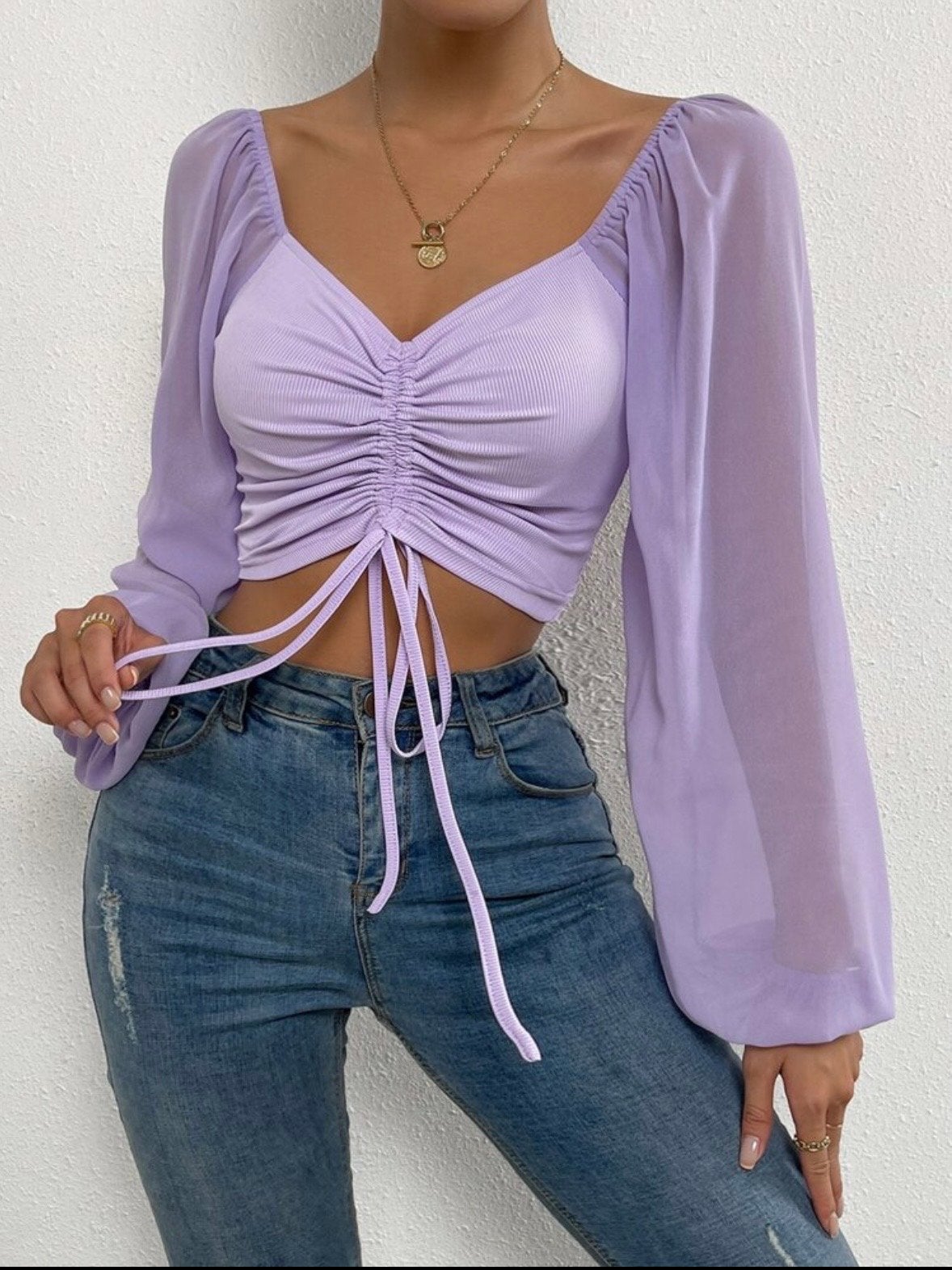 Lila crop top met lange mouwen en trekkoord, Paars, Nieuw, Ophalen of Verzenden, Lange mouw