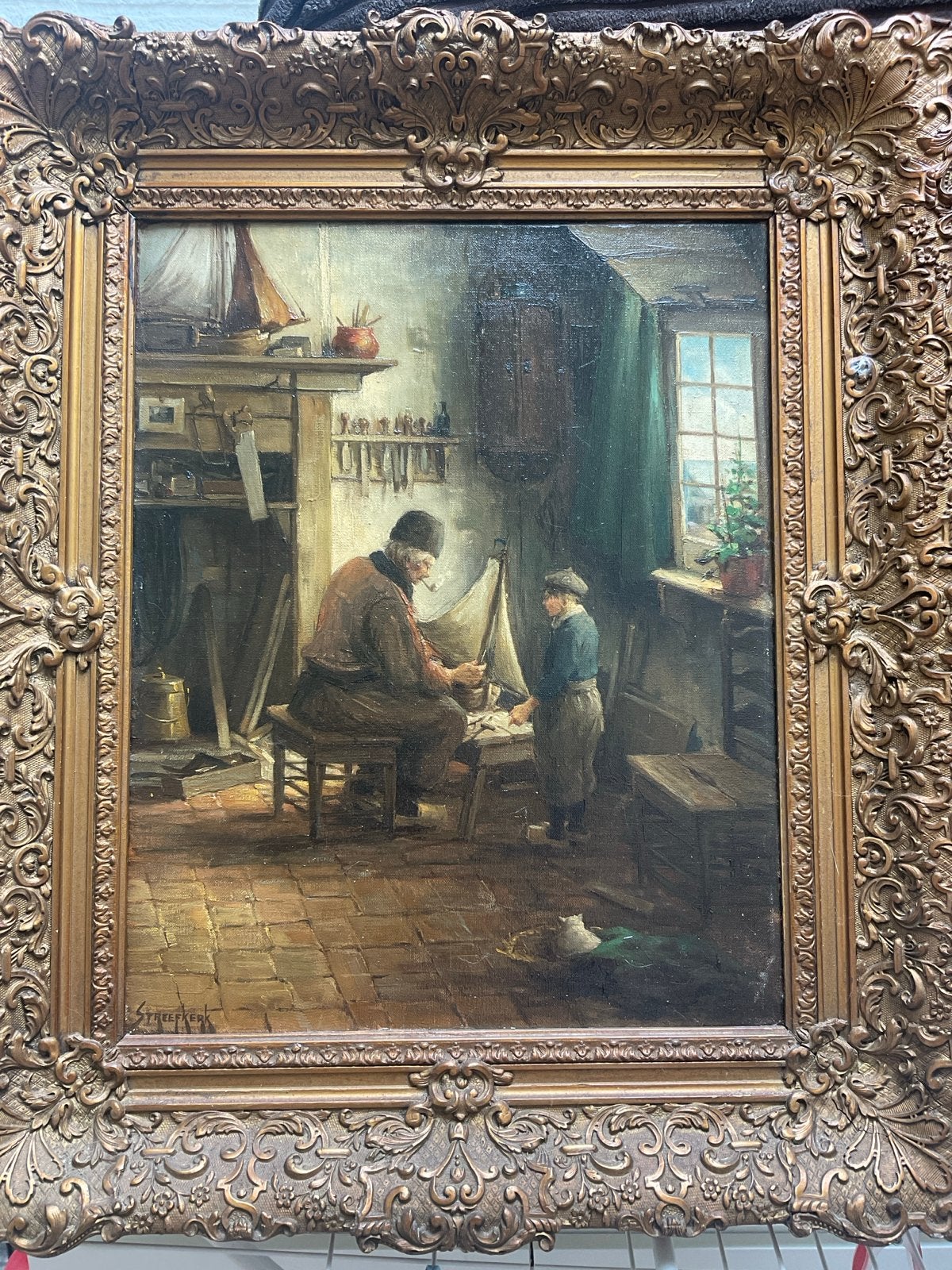 Olieverfschilderij op paneel: 'Vader en zoon in werkplaats', Antiek en Kunst, Kunst | Schilderijen | Klassiek, Ophalen, Paneel