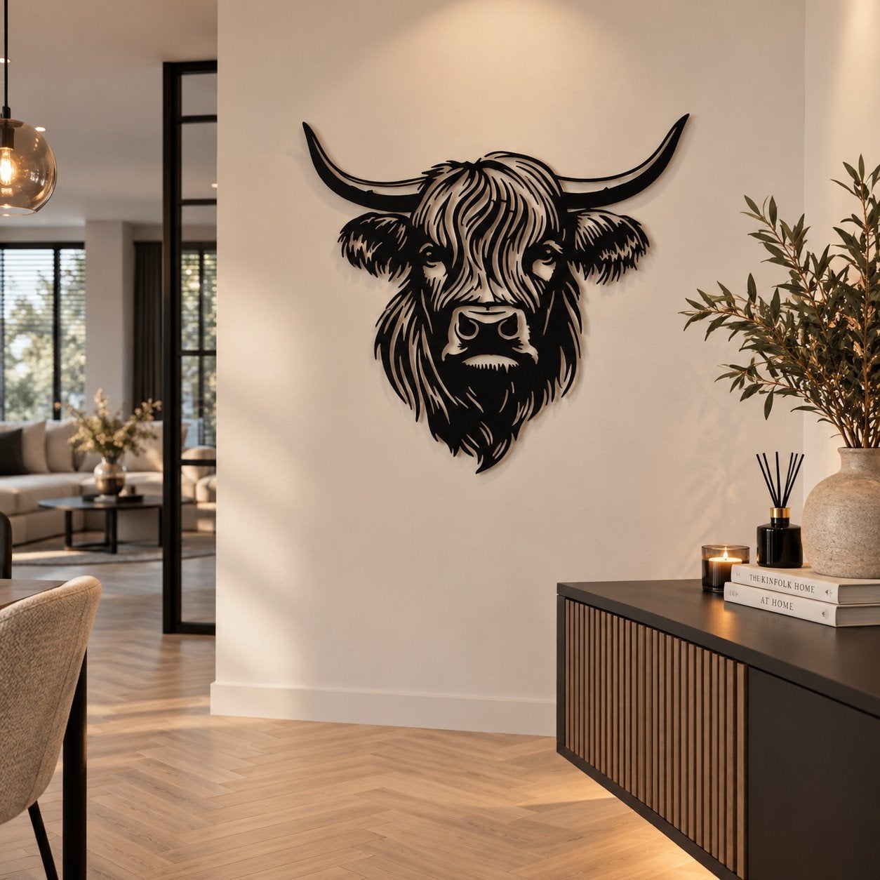 Metalen wanddecoratie Schotse Hooglander muurkunst 45cm, Metaal, Wandsculptuur, Zwart, Nieuw