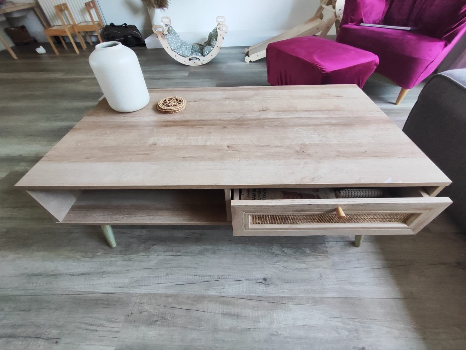 Rattan salontafel met lade en opbergvak - Houtkleur, Ophalen, Gebruikt, 100 tot 150 cm, 50 tot 100 cm