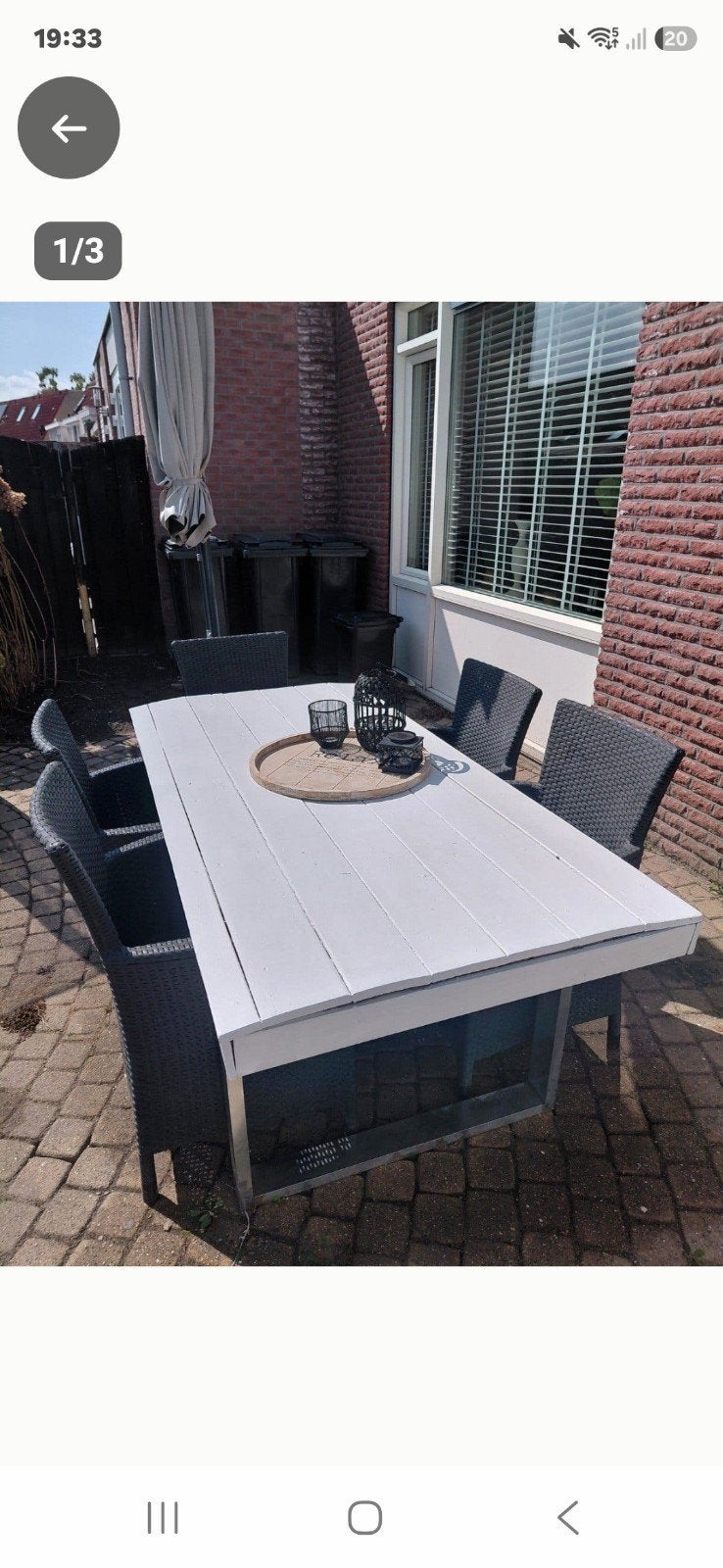 Gratis Witte tuintafel met metalen onderstel en 5 stoelen, Ophalen, Gebruikt, Rechthoekig, Hout