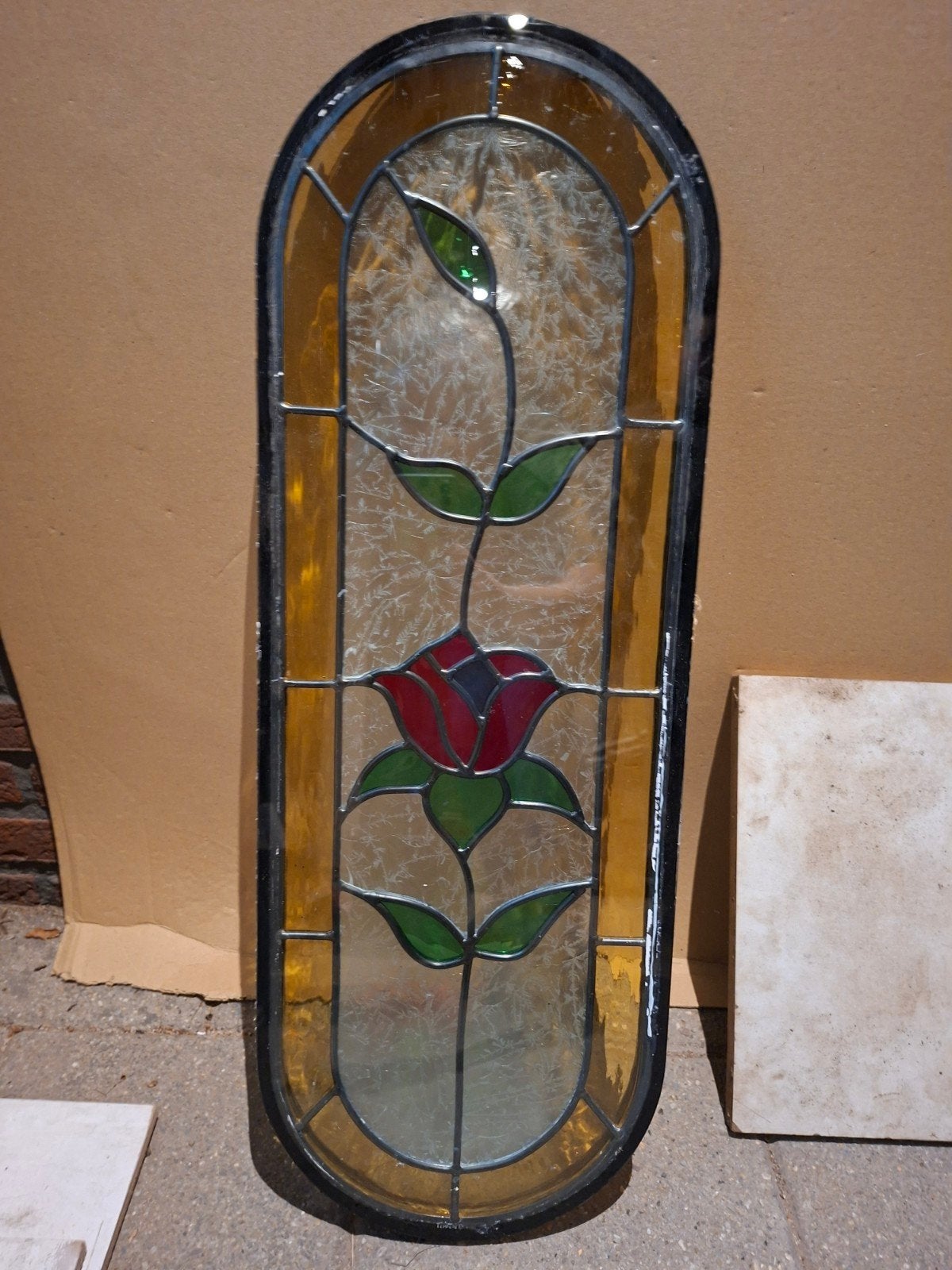 Glas in lood raam met roos, geïsoleerd glas, Ophalen, Gevelraam of Ruit, Gebruikt, Minder dan 80 cm