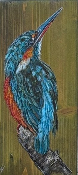 Schilderij ijsvogel op hout, Acrylverf, Hout, Handgeschilderd, Ophalen of Verzenden