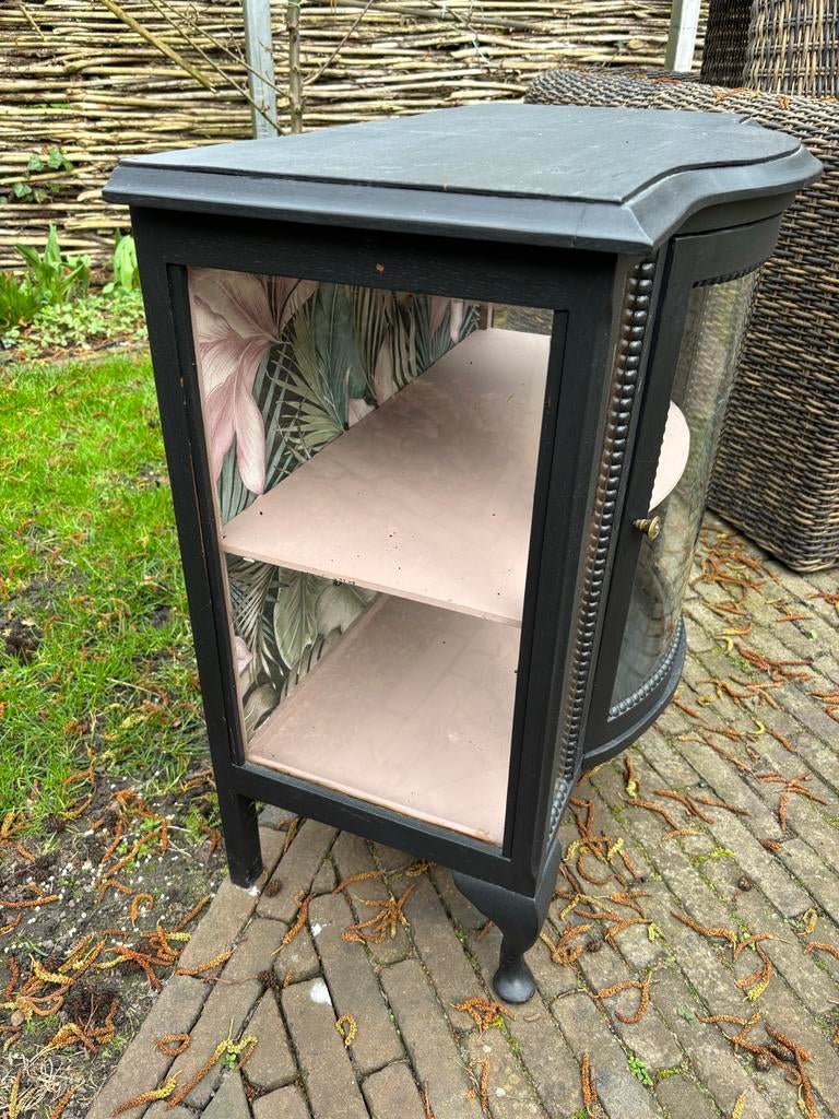 Uniek zwart vitrinekastje met botanisch behang, Antiek en Kunst, Antiek | Meubels | Kasten, Ophalen