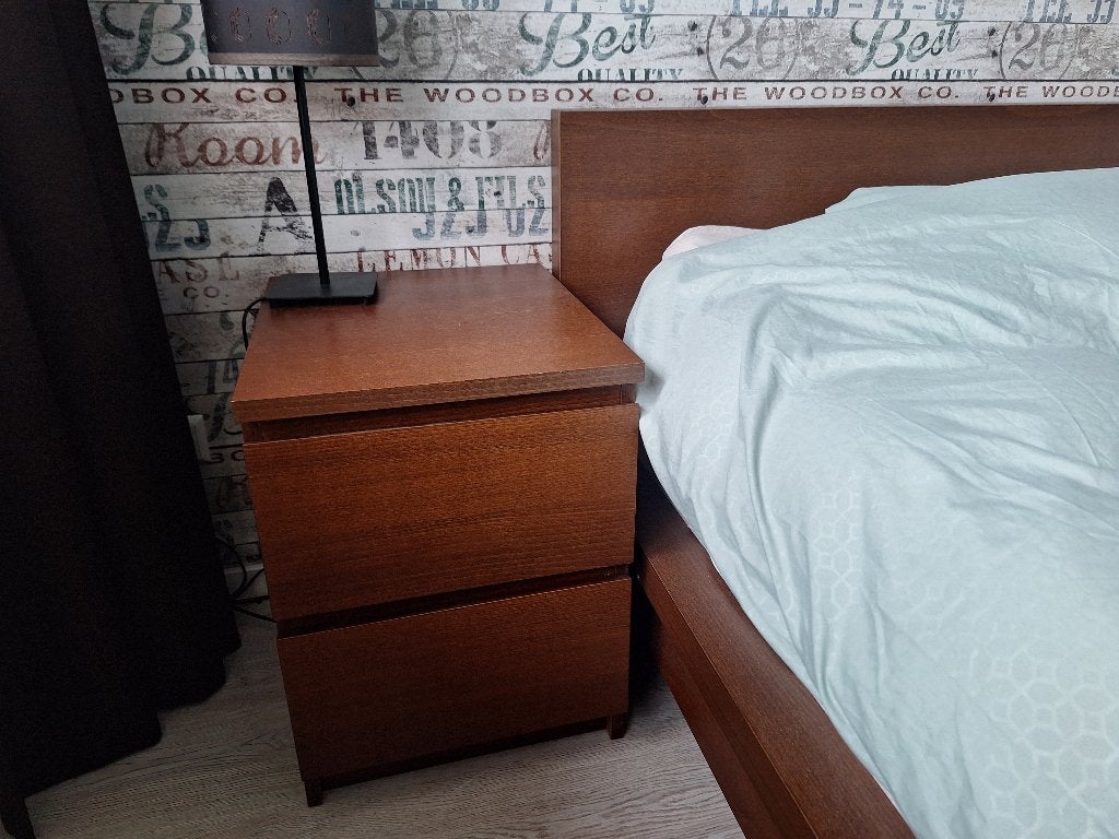 Ikea Malm bed 180x200 + electr.lattenb. + nachtkastjes, Ophalen, Bruin, Tweepersoons, 180 cm