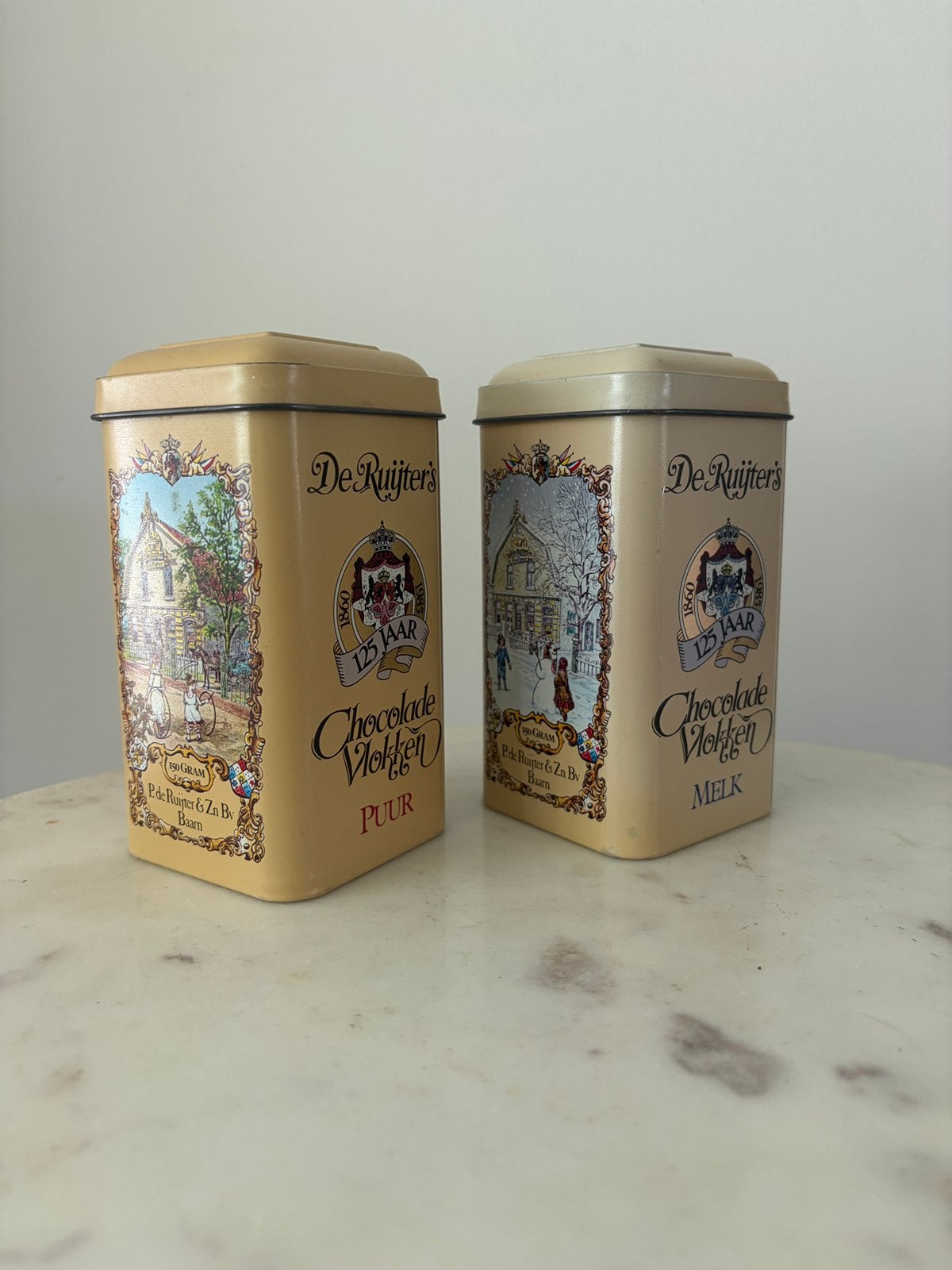 2 vintage De Ruijter chocoladevlokken blikken melk en puur, Ophalen of Verzenden, Zo goed als nieuw, Overige