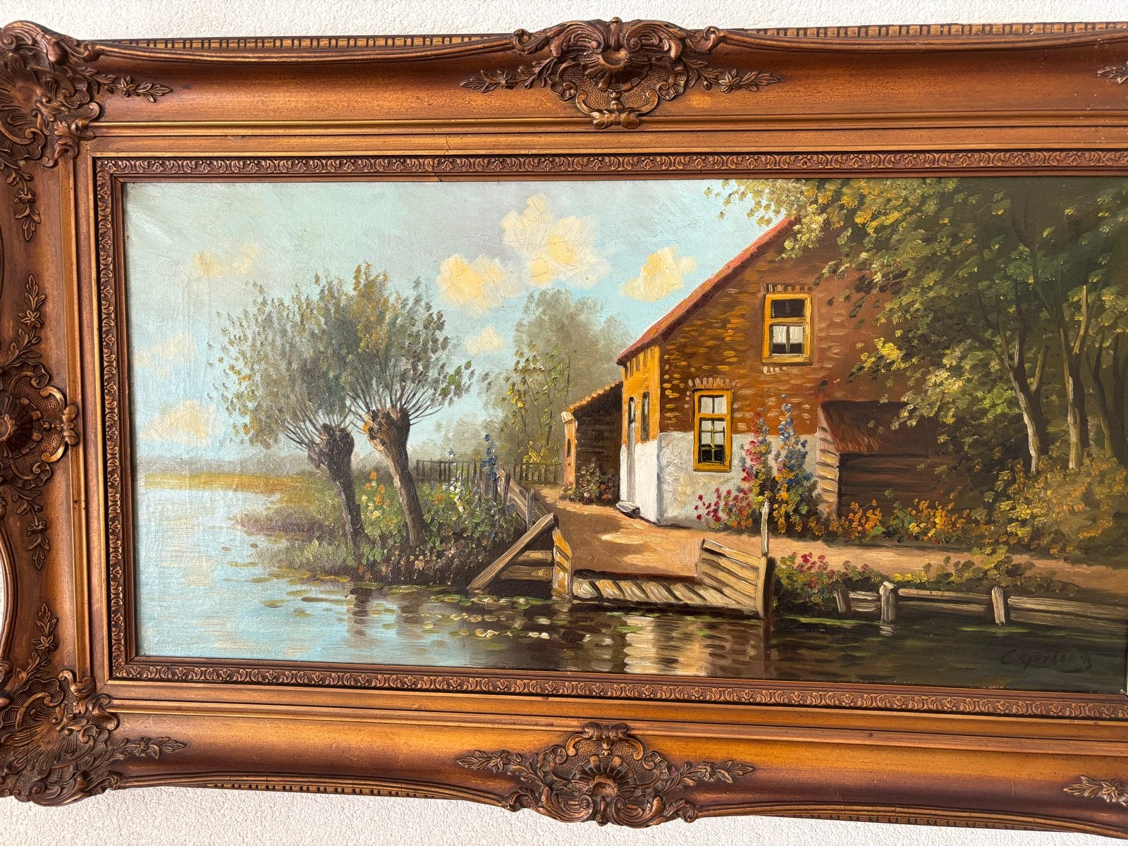 Olieverfschilderij: Huis aan het water met wilgen, Ophalen, Doek, Realistisch, Gesigneerd