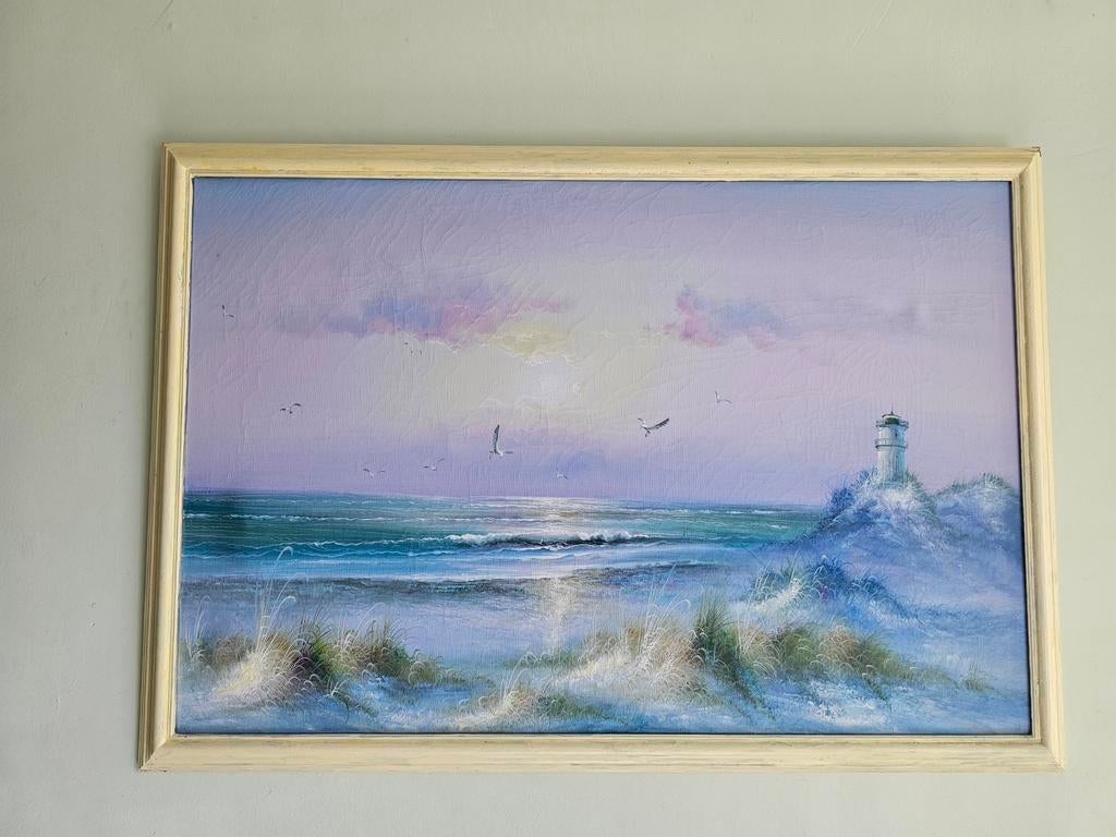 Handgeschilderd Schilderij: Zeegezicht met Vuurtoren, Ophalen