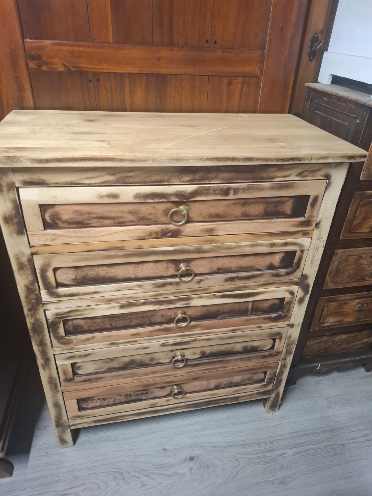 2x Houten ladekast met 5 laden - Rustieke stijl, Gebruikt, 5 laden of meer, 100 tot 150 cm, Rustiek