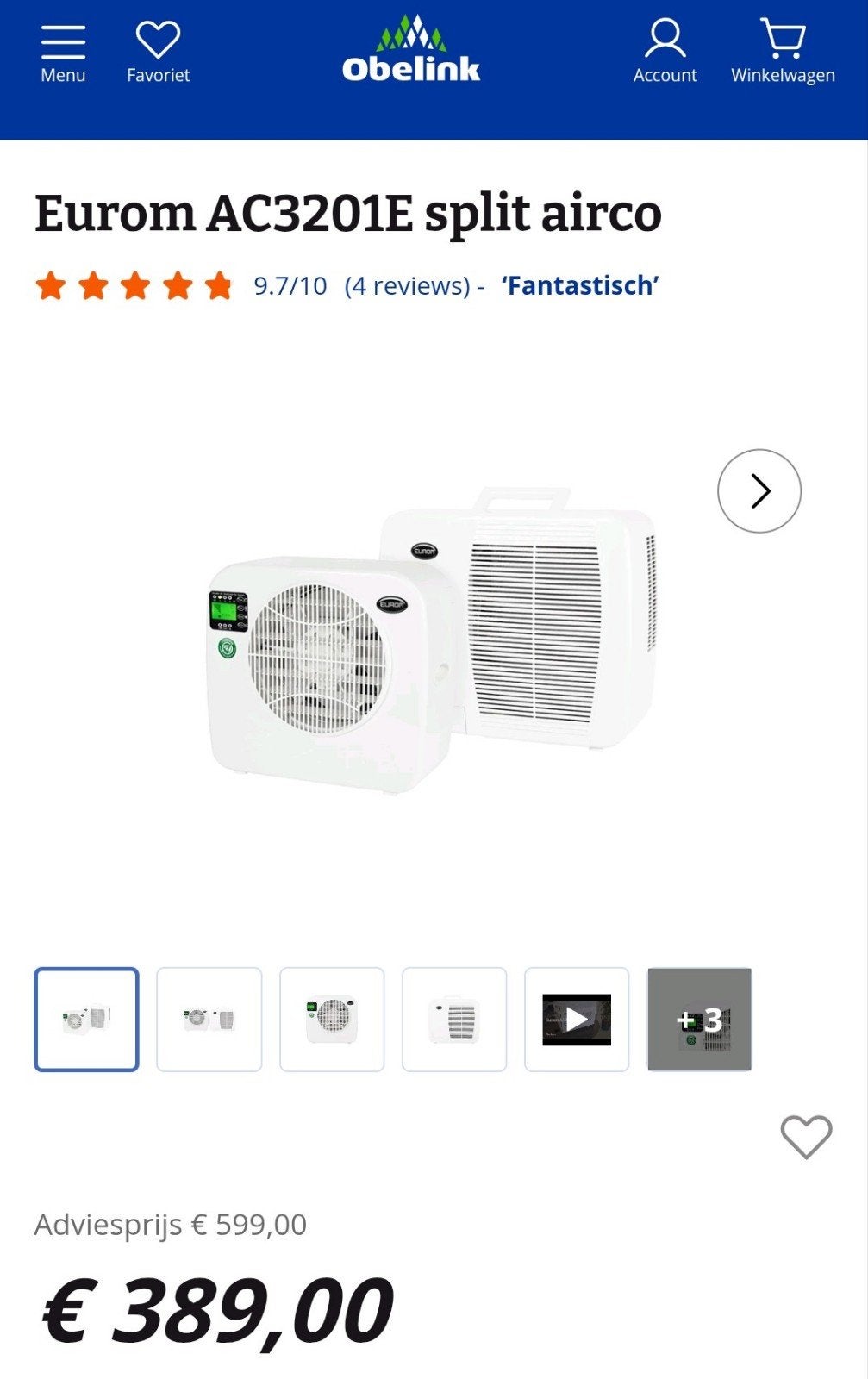 Nieuwe Eurom AC2401 E mobiele airco 1x gebruikt, Ophalen of Verzenden, Zo goed als nieuw