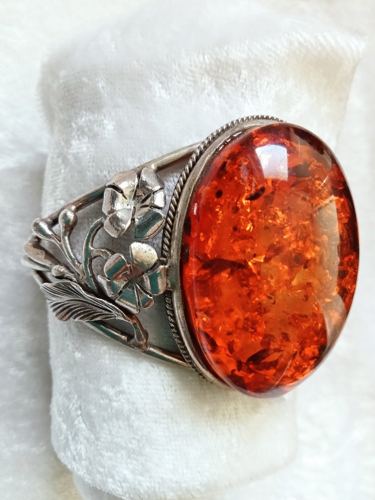 Prachtige Zilveren Armband met Grote Barnsteen bloemen aan, Verzenden, Zilver, Armband, Met edelsteen