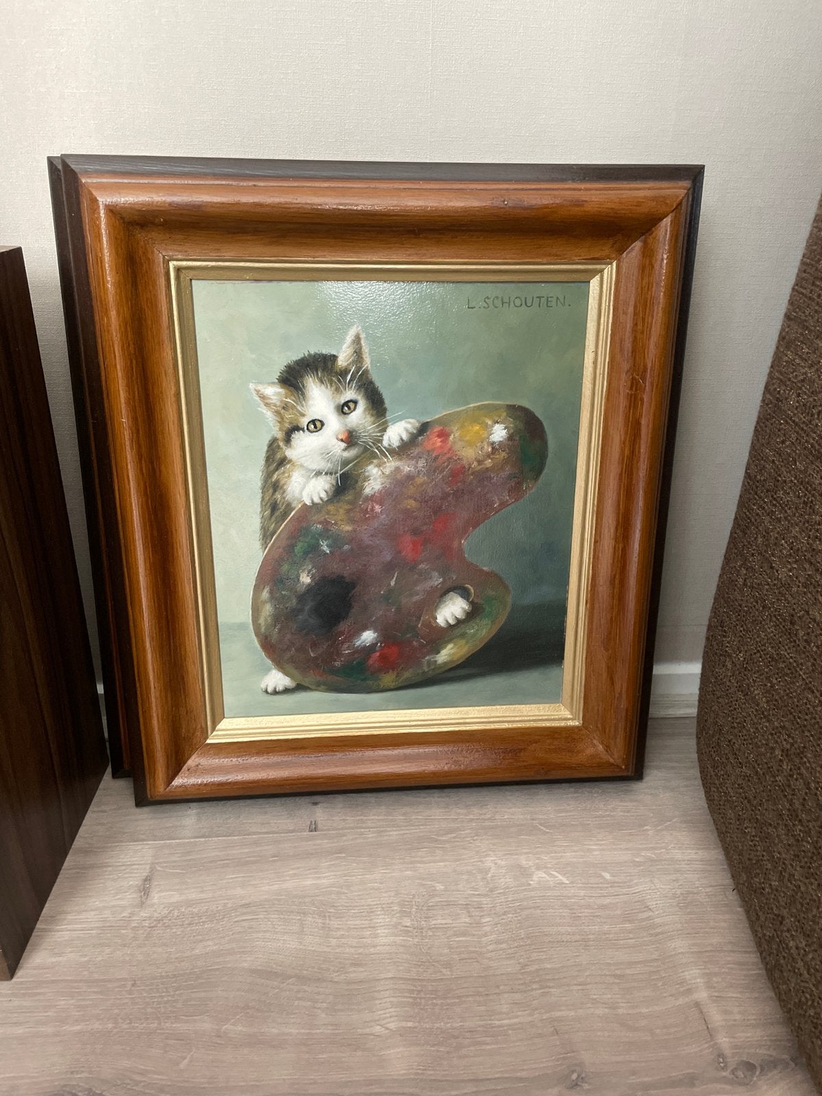 Schilderij L. Schouten - Katje met Palet, Doek, Realistisch, Dieren, Ophalen of Verzenden