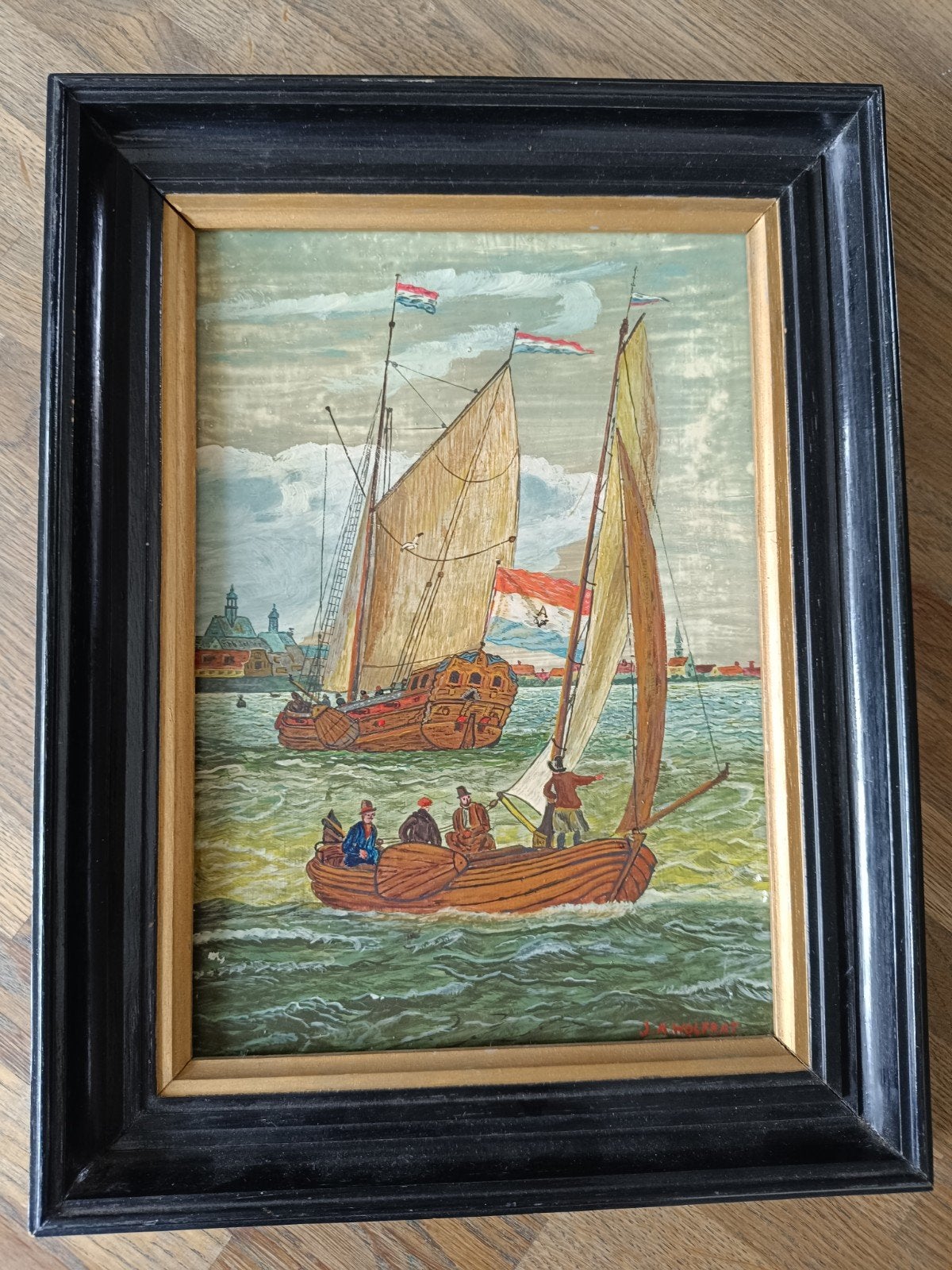 Olieverfschilderij J.A. Wolfrat - Hollandse schepen, Ophalen of Verzenden