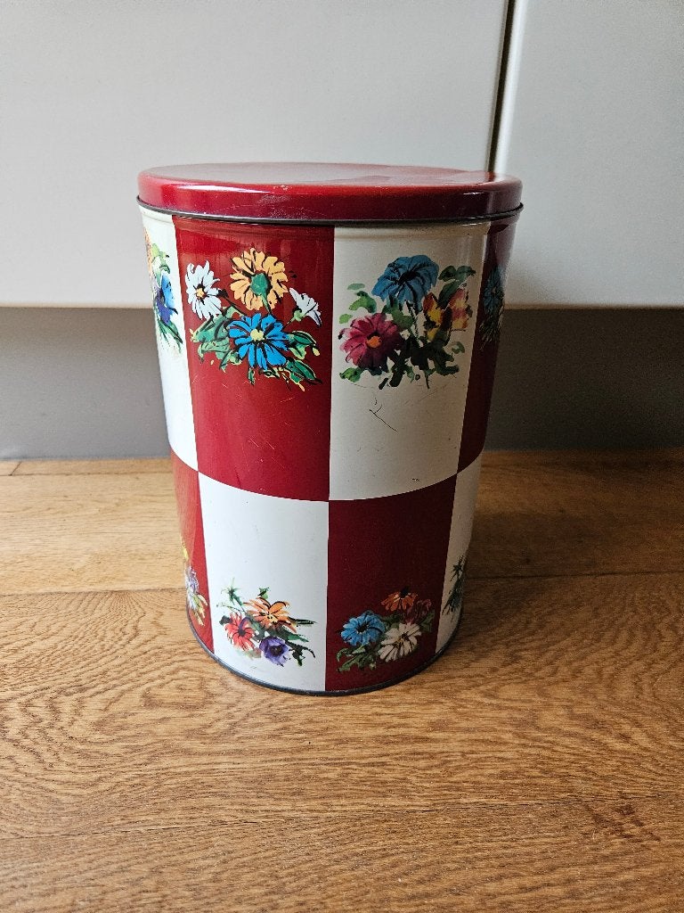Vintage blikken trommel 'Lutti' met bloemmotief, Verzamelen, Blikken, Gebruikt, Koek(jes), Overige merken, Ophalen of Verzenden