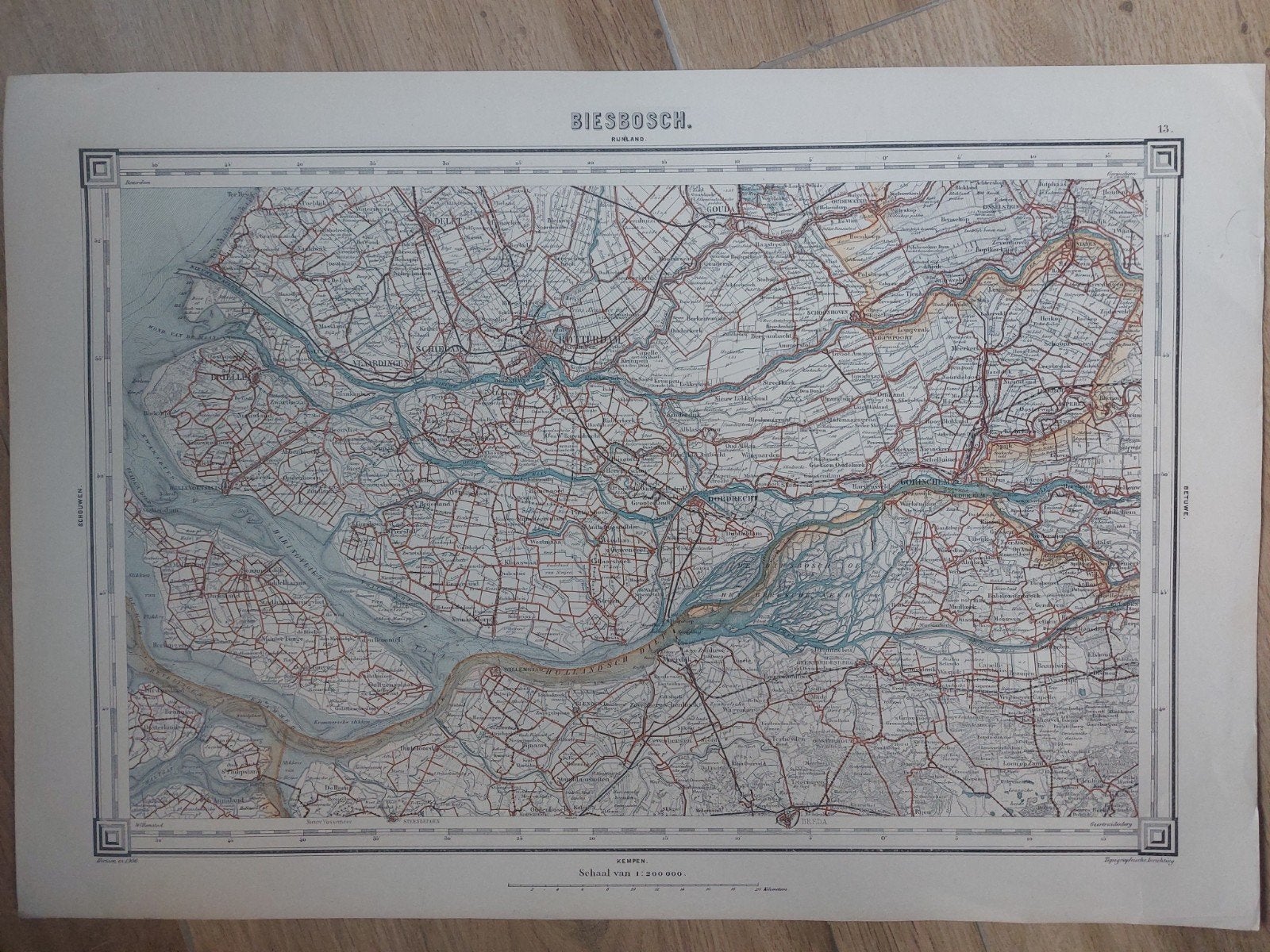 13 plattegrond uit ca 1906 Biesbosch  - Gorinchem Dordrecht, Ophalen of Verzenden, 1800 tot 2000, Nederland, Landkaart