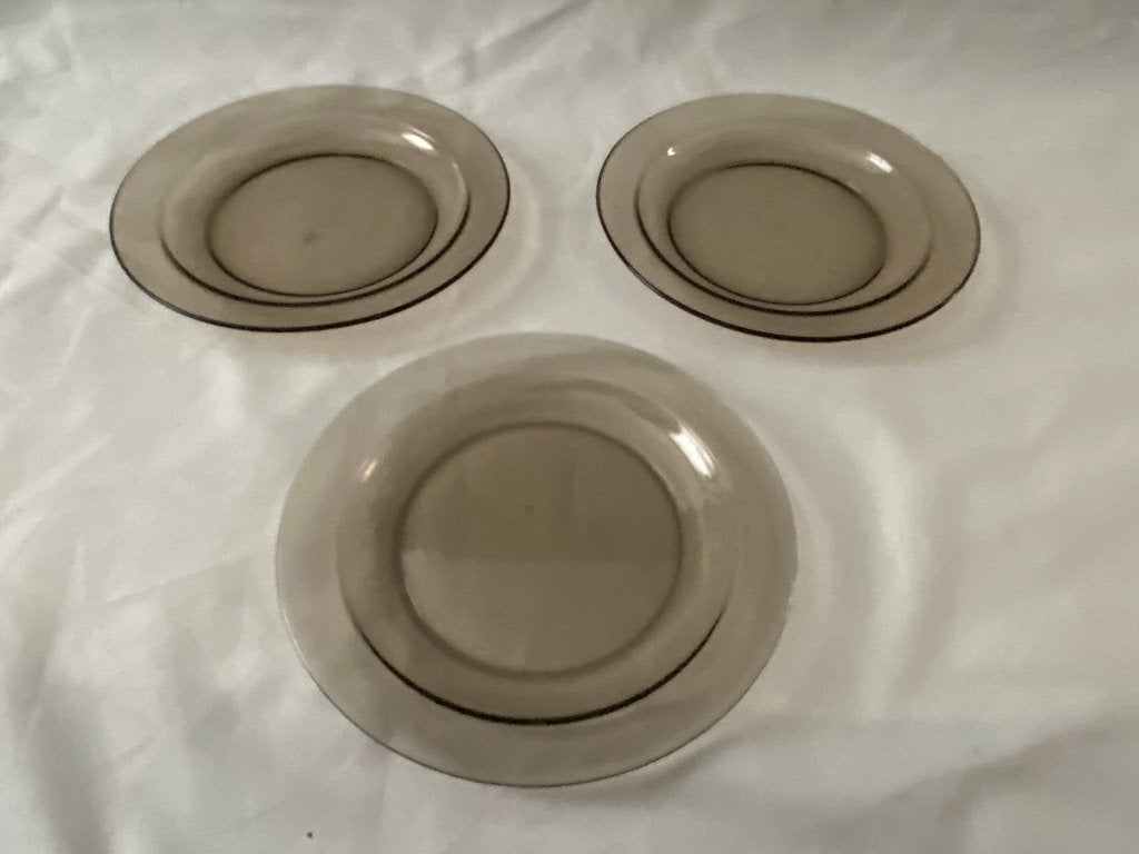 Retro Set van 3 Arcoroc France Rookglas Smoke ontbijtbordjes, Gebruikt, Ophalen of Verzenden, Glas, Bord(en)
