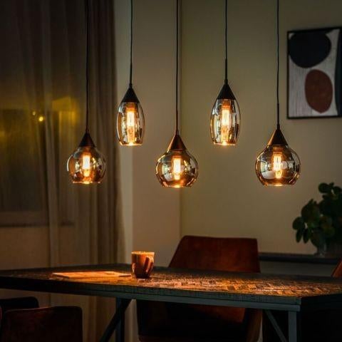 Moderne hanglamp met 5 glazen kappen, Ophalen, Zo goed als nieuw, Glas, Modern, Industrieel