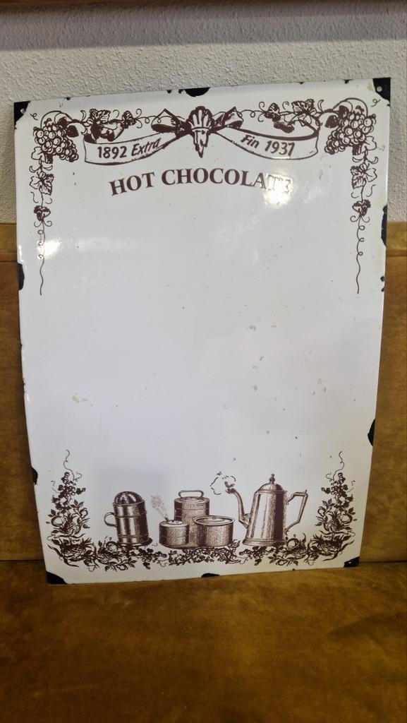 Vintage Emaille Bord 'Hot Chocolate' - Beschrijfbaar, Ophalen of Verzenden