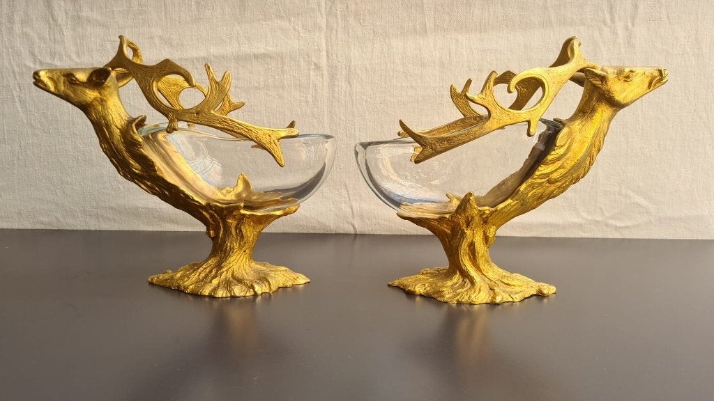Gabriella Crespi, deer bowl, vaschetta cervo, Animalli, 1970, Glas, Goud, Gemerkt, Object