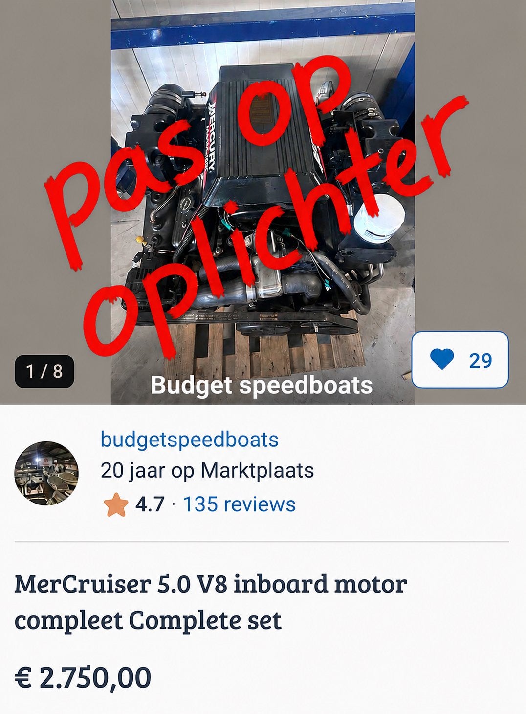 Mercruiser 5.0 V8 inboard motor. PAS OP OPLICHTER!, Ophalen, Zo goed als nieuw, Benzine, 30 pk of meer