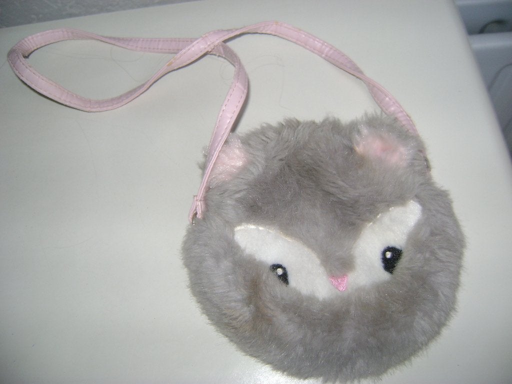 grijs pluche dieren tas met roze schouderriem met rits 13x13, Meerkleurig, Tas, Zo goed als nieuw, Ritssluiting