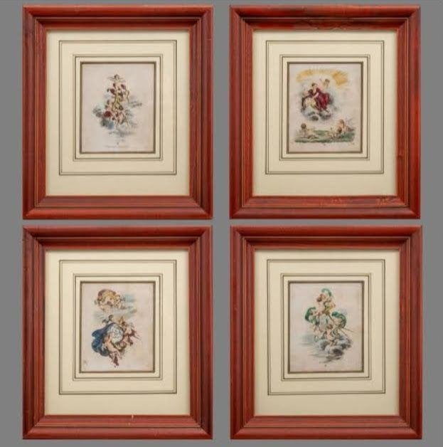 4x koper gravures - 18e eeuw Allegorie op de Cartografie., Antiek en Kunst, Ophalen of Verzenden, Gravure, Handgekleurd, 1700 - 1799