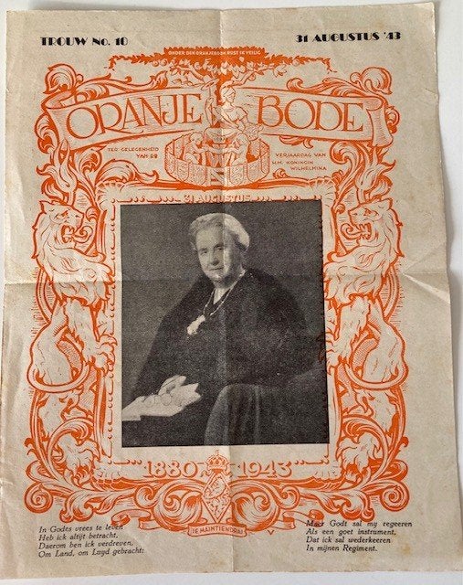 Oranje Bode -  TROUW uit 1943 verjaardag kon. Wilhelmina, Ophalen of Verzenden, Gelezen, Muziek, Film of Tv