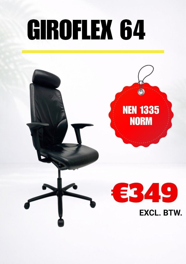 Giroflex 64 - Bureaustoel - NEN 1335 - Zwart / Leer, Zwart, Ophalen of Verzenden, Zo goed als nieuw, Bureaustoel