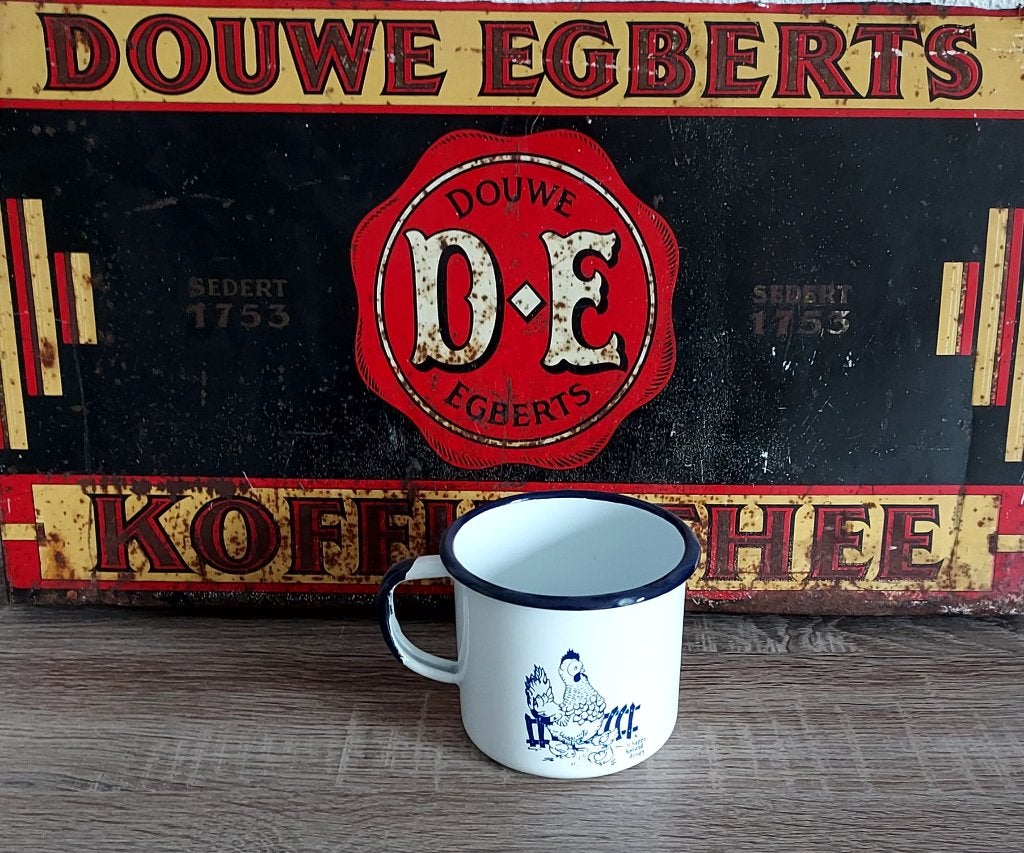 Emaille beker wit met haan - kip, Antiek en Kunst, Antiek | Emaille, Ophalen of Verzenden