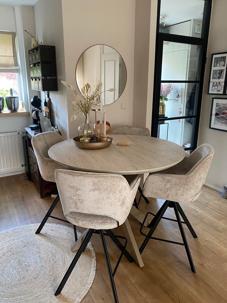 Ronde hoge eettafel met spinpoot en 4 stoelen, Ophalen, Overige materialen, 100 tot 150 cm, Rond
