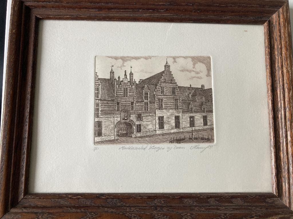 Ets Markiezenhof Bergen op Zoom, Antiek en Kunst, Kunst | Etsen en Gravures, 22 cm, Ets, Architectuur, Ophalen of Verzenden