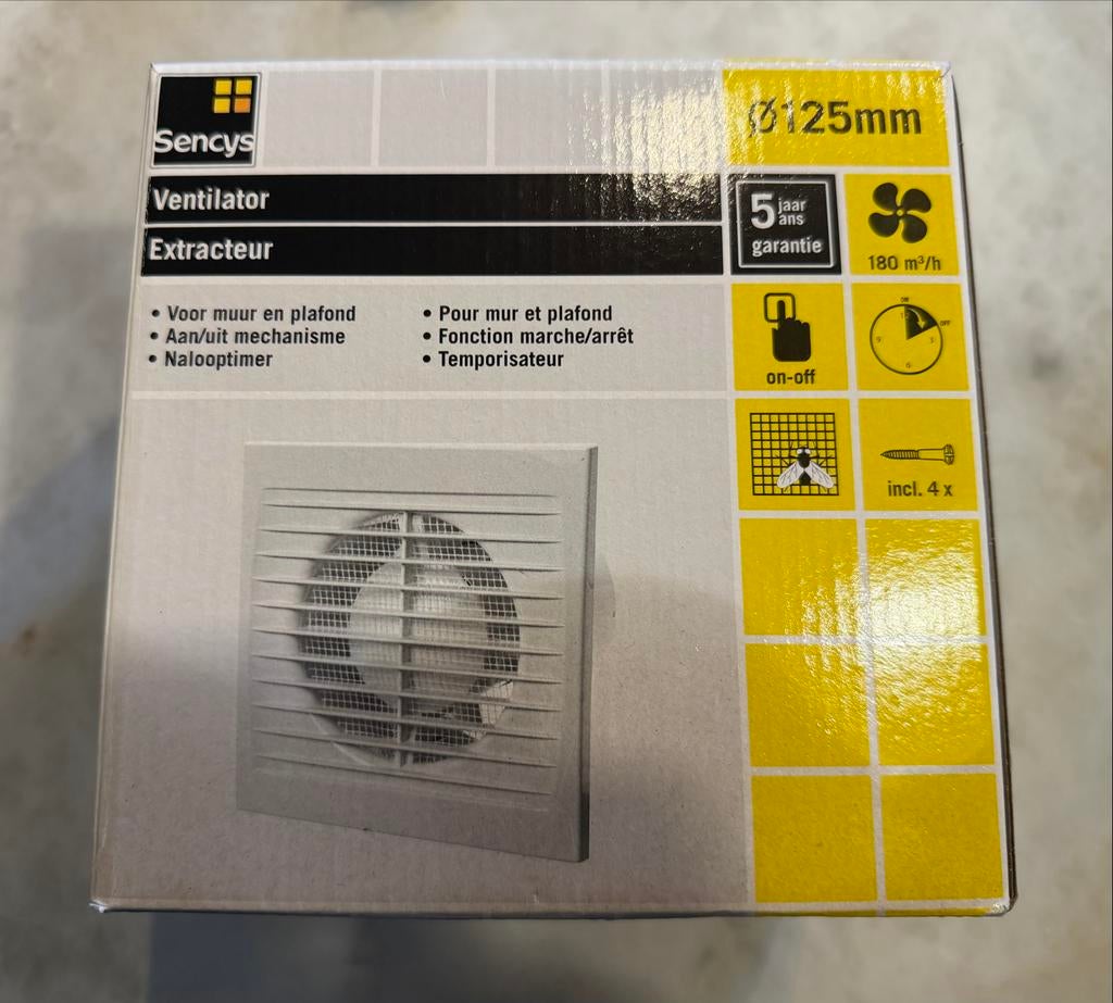 Sencys Ventilator/Extractor Ø125mm met nalooptimer, Ophalen of Verzenden, Nieuw, Ventilator