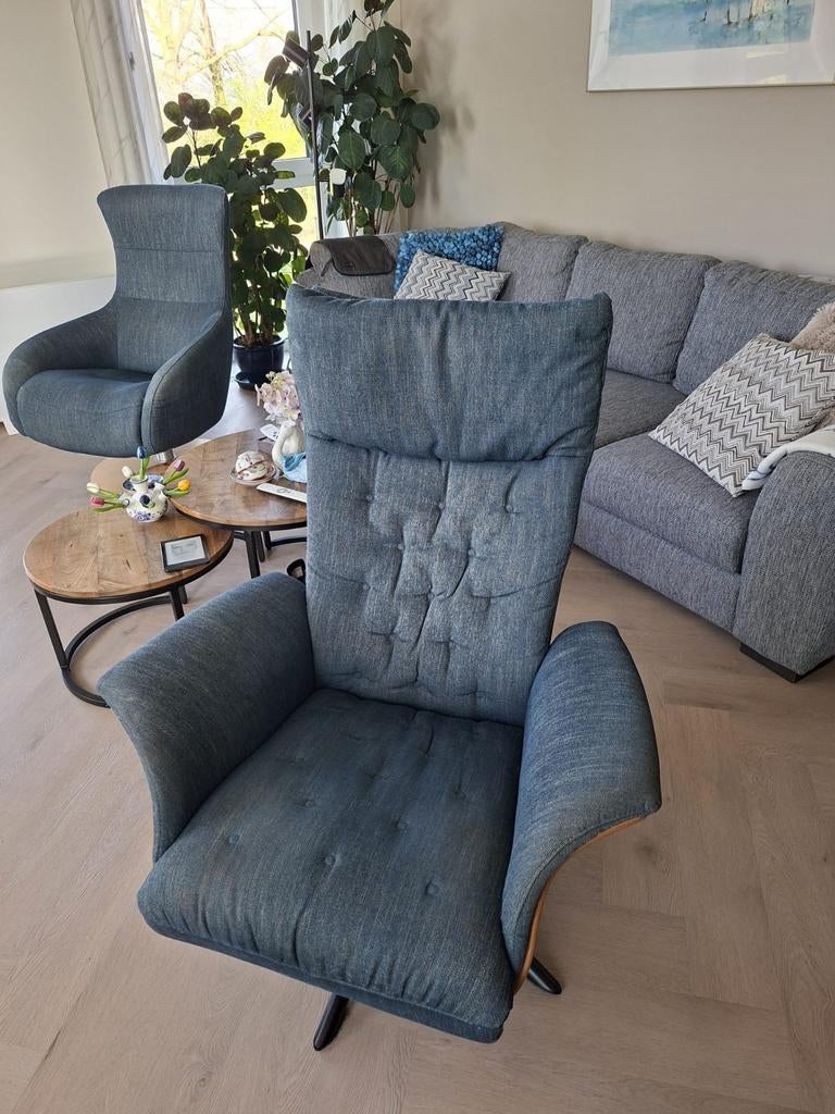 Comfortabele relax fauteuil - Blauw stof, Huis en Inrichting, Fauteuils, Ophalen, Gebruikt, Modern, Comfort, 75 tot 100 cm