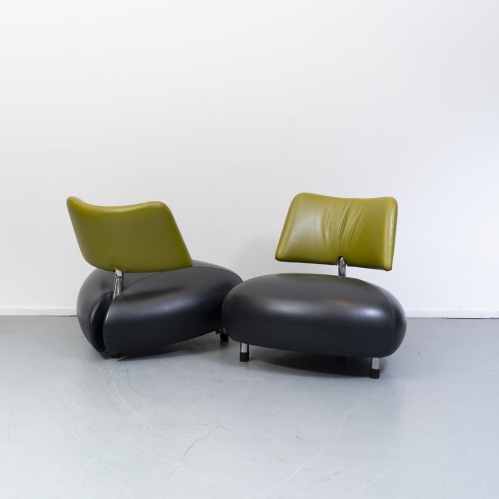 2x Leolux Pallone fauteuils uitgevoerd in zwart/groen, Huis en Inrichting, Fauteuils, Niet ingevuld, Niet ingevuld, Leer, Ophalen of Verzenden