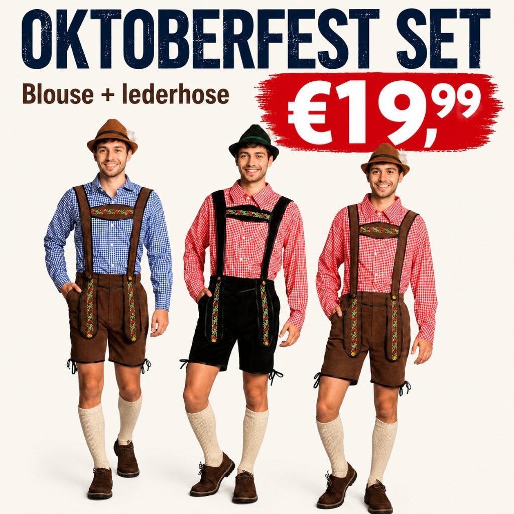 Oktoberfest set heren – Lederhose + blouse €19,99 - OP=OP, Verzenden, Nieuw, Overige maten, Overige thema's